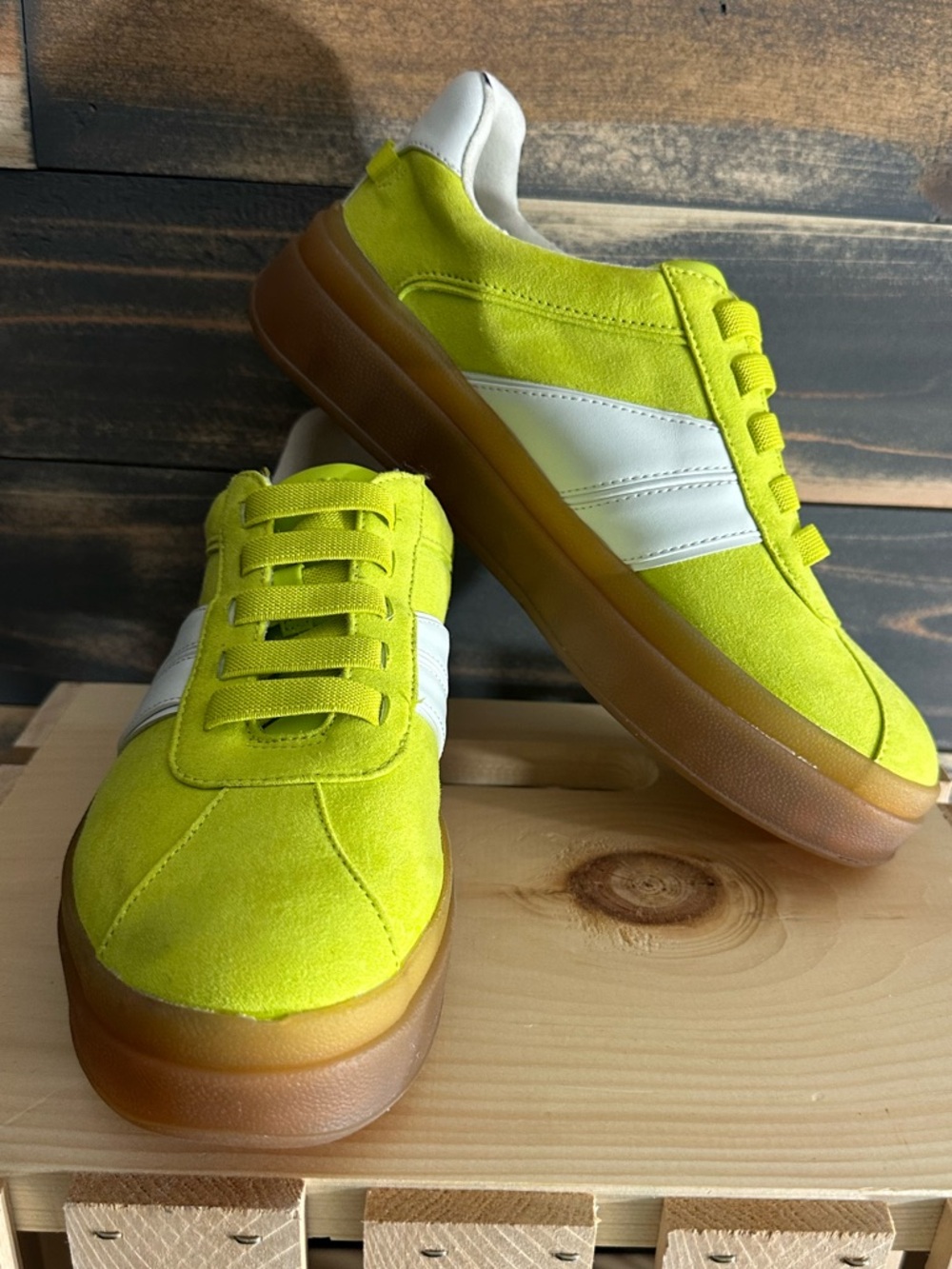 Franco Sarto Neon Yellow and White Suede Sneakers with Gum Sole